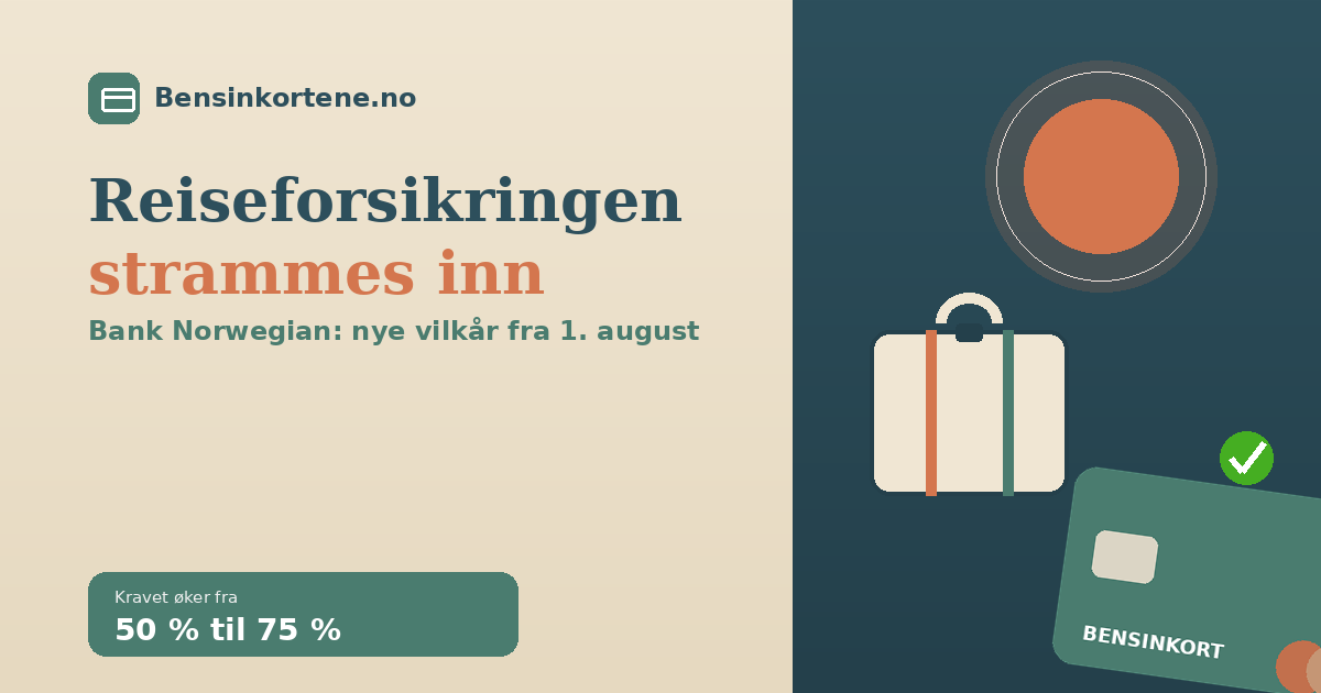 Bensinpumpe, kredittkort og et veikart som illustrerer nye vilkar for Bank Norwegian reiseforsikring pa bilferien i 2026, i sage-gronn, terrakotta og beige