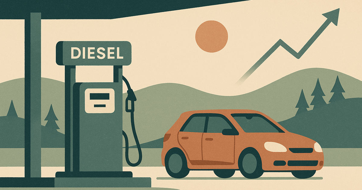 Dieselpumpe med oppadgående prispil og et verdenskart der Hormuzstredet er markert som risikofaktor for norsk dieselpris i juni 2026