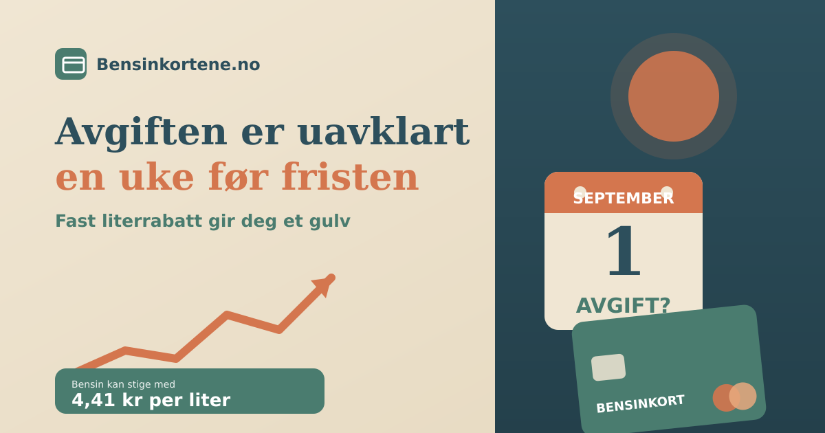 En kalender som viser 1. september ved siden av en bensinpumpe og et betalingskort med fast rabatt, i sage-grønn, terrakotta og beige, som illustrerer at drivstoffavgiften fortsatt er uavklart før fristen