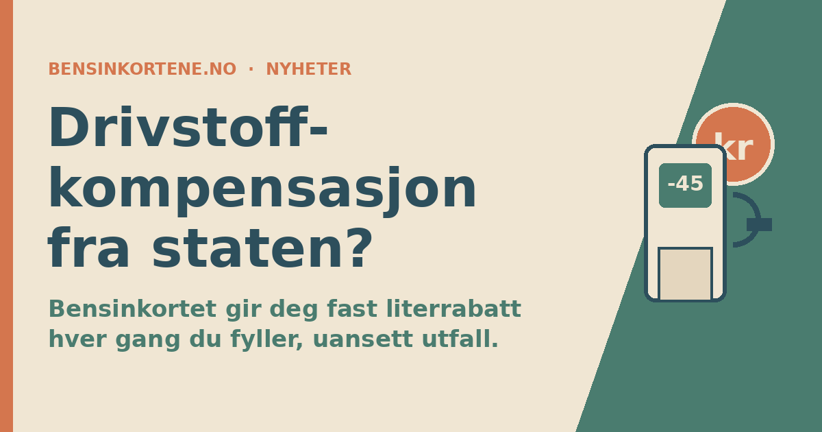 Et bensinkort ved en pumpe med en pengeseddel og Stortinget i bakgrunnen, i sage-grønn, terrakotta og beige, som illustrerer drivstoffkompensasjon i august 2026