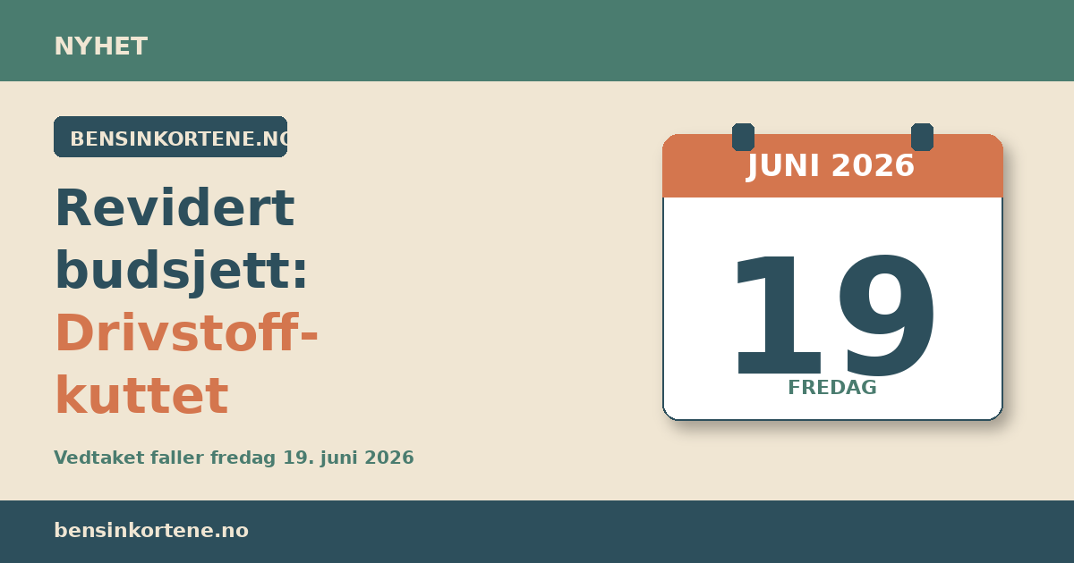 Pumpepriser og kalender med 19. juni 2026 markert som vedtaksdag for revidert nasjonalbudsjett