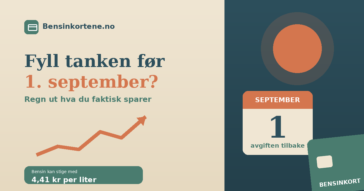 En bensinpumpe og en kalender som teller ned mot 1. september, med et bensinkort i forgrunnen, illustrert i sage-grønn, terrakotta og beige