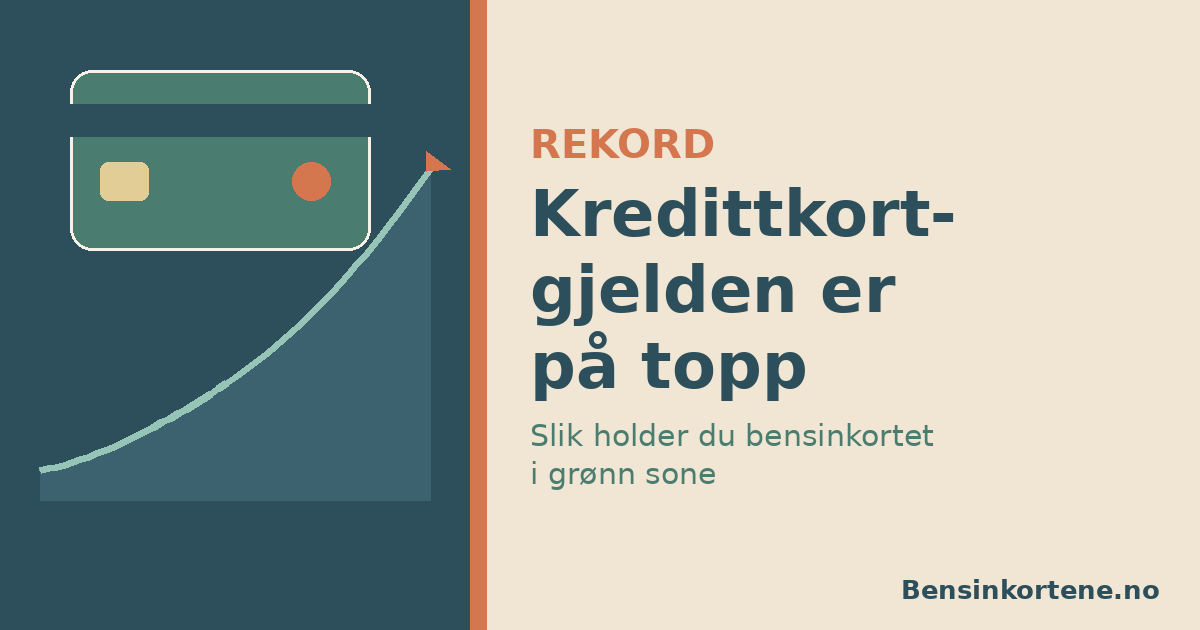 Et bensinkort ved en pumpe med en stigende gjeldskurve i bakgrunnen, i sage-grønn, terrakotta og beige