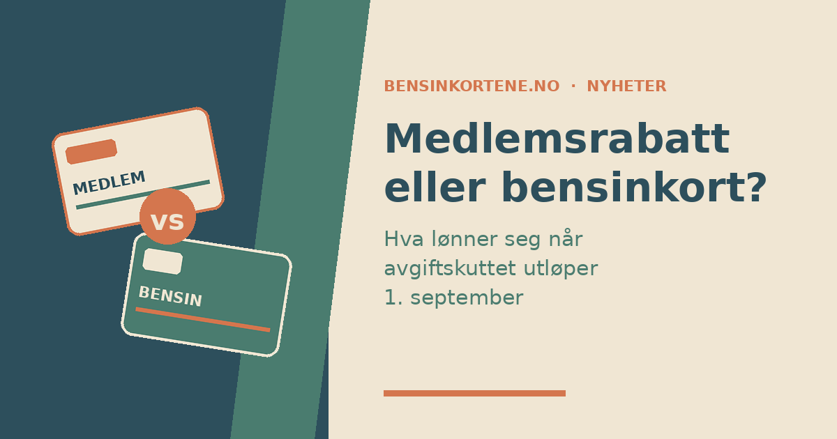 Et medlemskort og et bensinkort holdt opp mot hverandre foran en bensinpumpe, i sage-grønn, terrakotta og beige