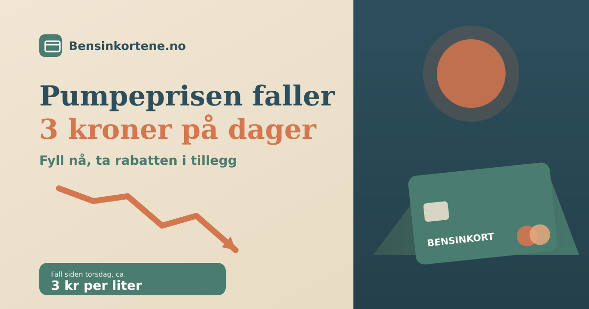 En bensinpumpe ved siden av en fallende prisgraf og et bensinkort, i sage-grønn, terrakotta og beige, som illustrerer at pumpeprisen faller 3 kroner literen