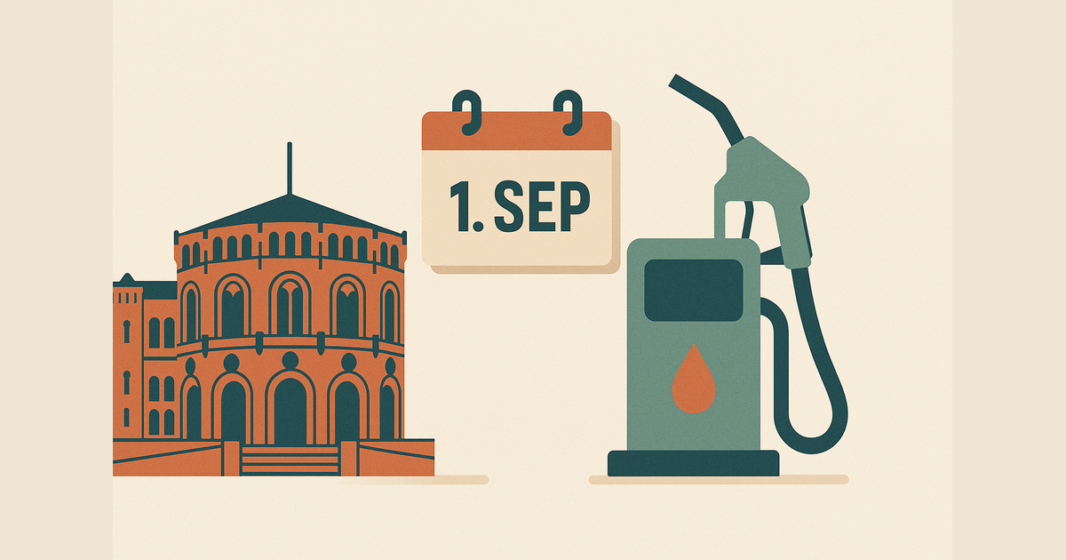 Stortinget og en bensinpumpe med kalender som viser 1. september 2026 som sluttdato for avgiftskuttet