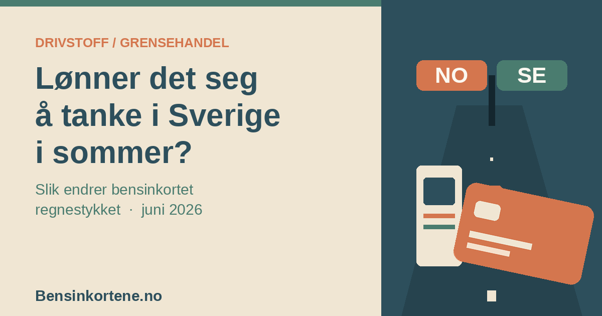 Bensinpumpe ved norsk-svensk grense med kart og et bensinkort, i sage-grønn, terrakotta og beige