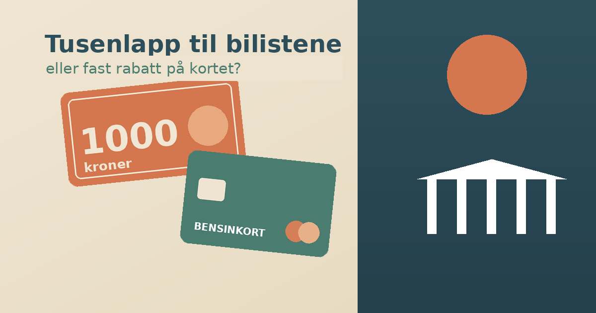 Et bensinkort ved en pumpe med en tusenlappseddel og Stortinget i bakgrunnen, i sage-grønn, terrakotta og beige