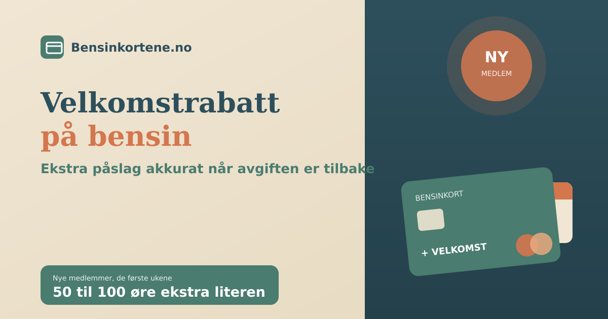 Et bensinkort ved siden av et prisskilt og en kalender med 1. september markert, i sage-grønn, terrakotta og beige, som illustrerer velkomstrabatt på bensin når avgiften er tilbake